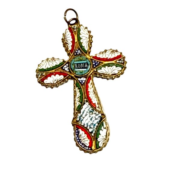 Vintage Italian Micro Mosaic Cross Pendant Roma Religious Enamel Jewelry - Picture 6 of 8